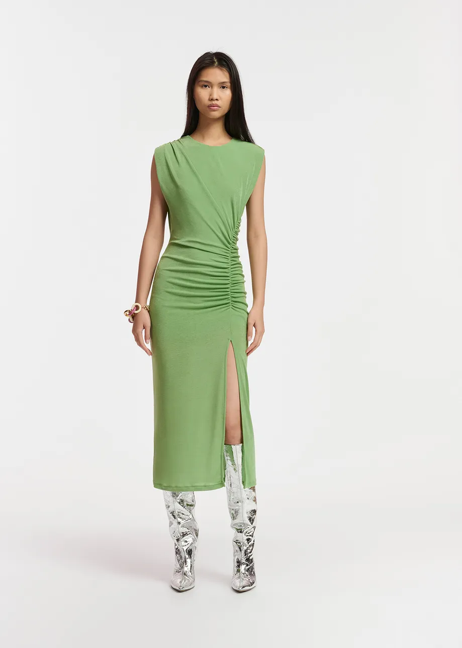 Light green ruched stretch-jersey midi-length dress