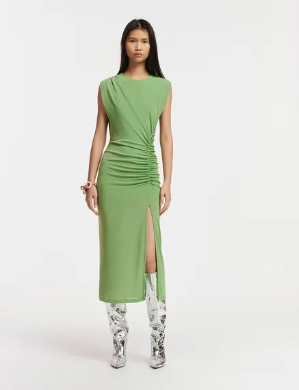 Light green ruched stretch-jersey midi-length dress