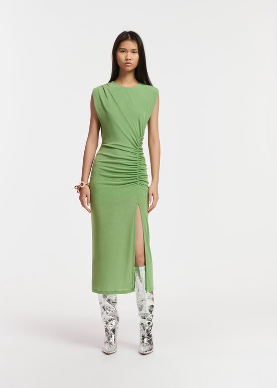 Light green ruched stretch-jersey midi-length dress