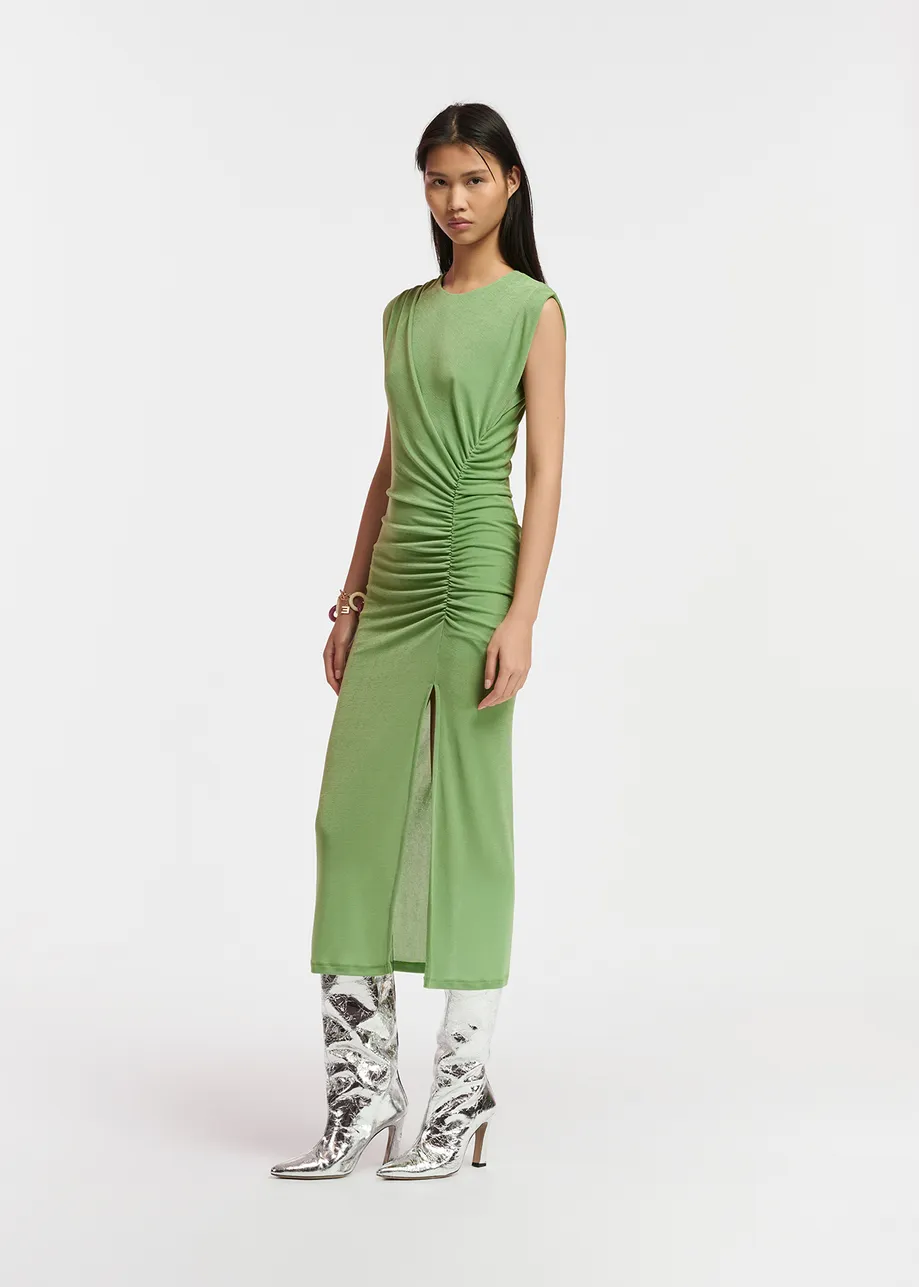 Light green ruched stretch-jersey midi-length dress