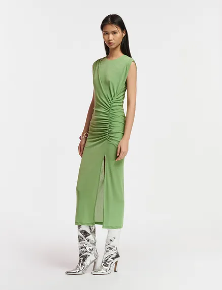 Light green ruched stretch-jersey midi-length dress