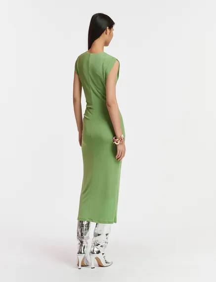 Light green ruched stretch-jersey midi-length dress