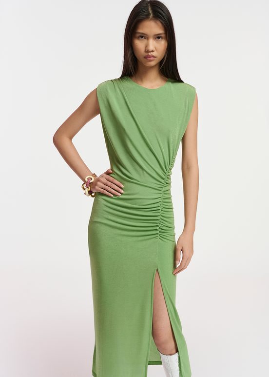 Light green ruched stretch-jersey midi-length dress