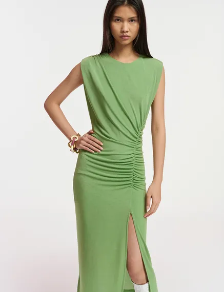 Light green ruched stretch-jersey midi-length dress