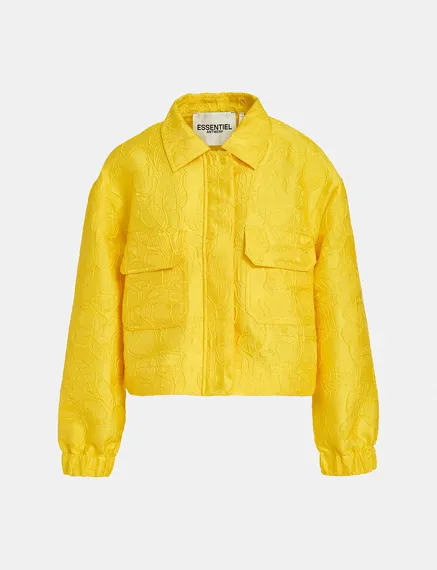 Yellow floral-jacquard cropped jacket