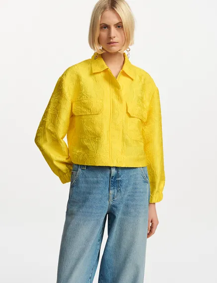 Yellow floral-jacquard cropped jacket