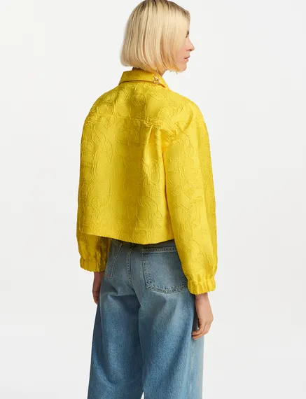 Yellow floral-jacquard cropped jacket