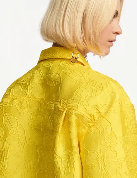 Yellow floral-jacquard cropped jacket