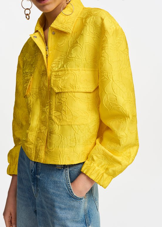 Courte veste en jacquard fleuri jaune