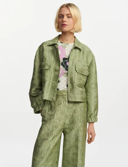 Light green floral-jacquard cropped jacket