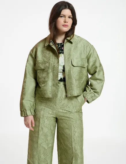 Courte veste en jacquard fleuri vert clair