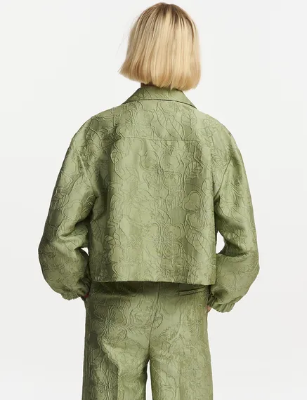 Courte veste en jacquard fleuri vert clair