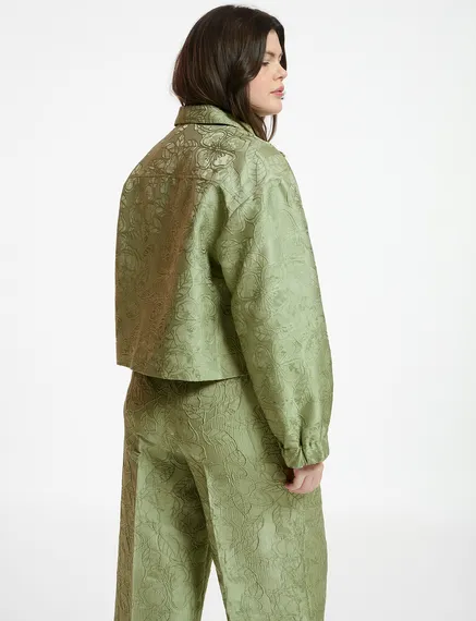 Hellgrüne, kurze Jacquard-Blumenjacke