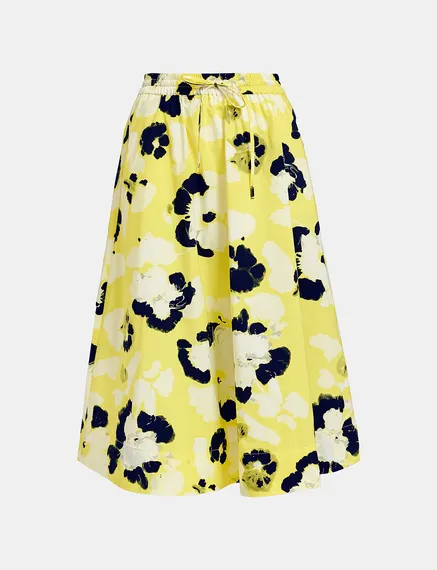 Yellow, white and navy blue midi-length A-line skirt