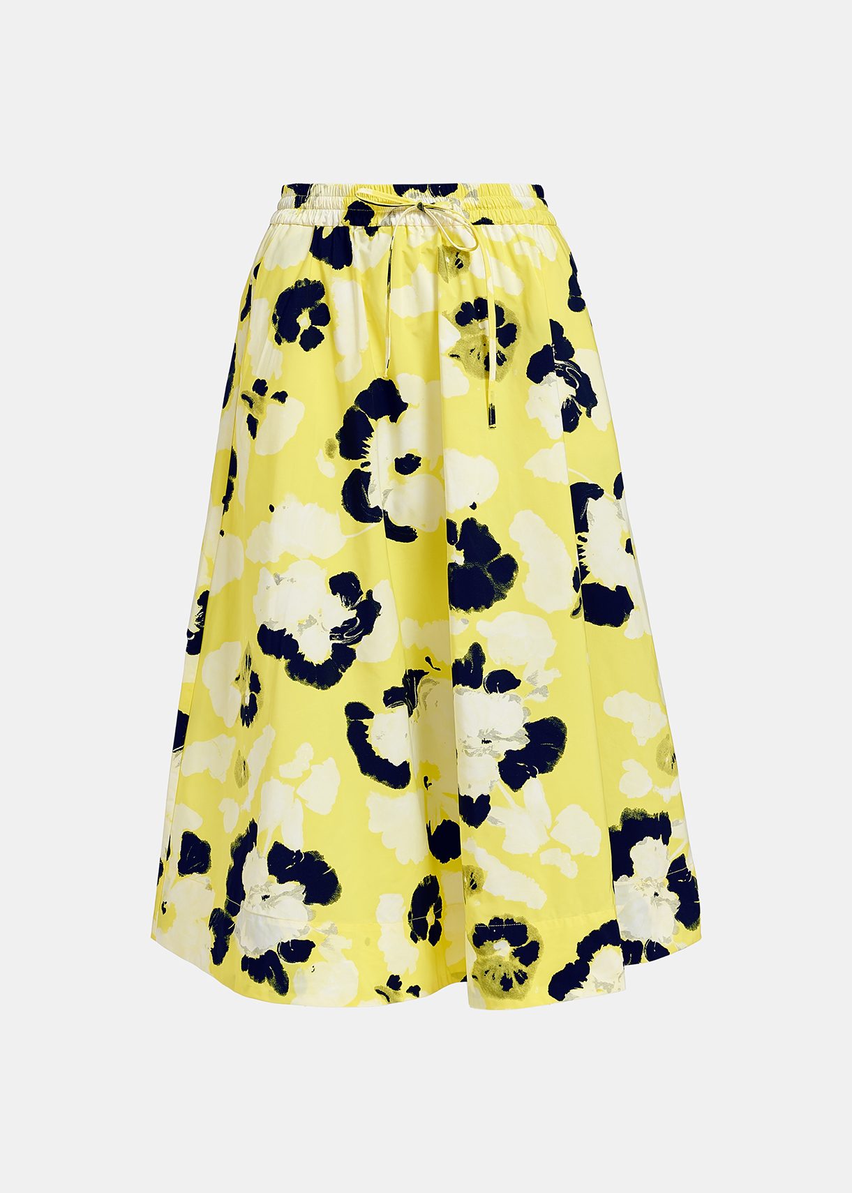 Yellow, white and navy blue midi-length A-line skirt