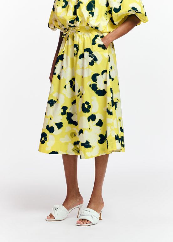 Yellow, white and navy blue midi-length A-line skirt