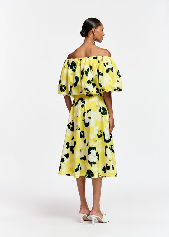 Yellow, white and navy blue midi-length A-line skirt