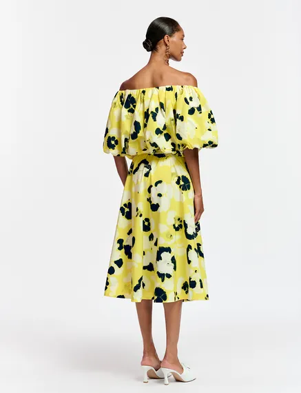 Yellow, white and navy blue midi-length A-line skirt