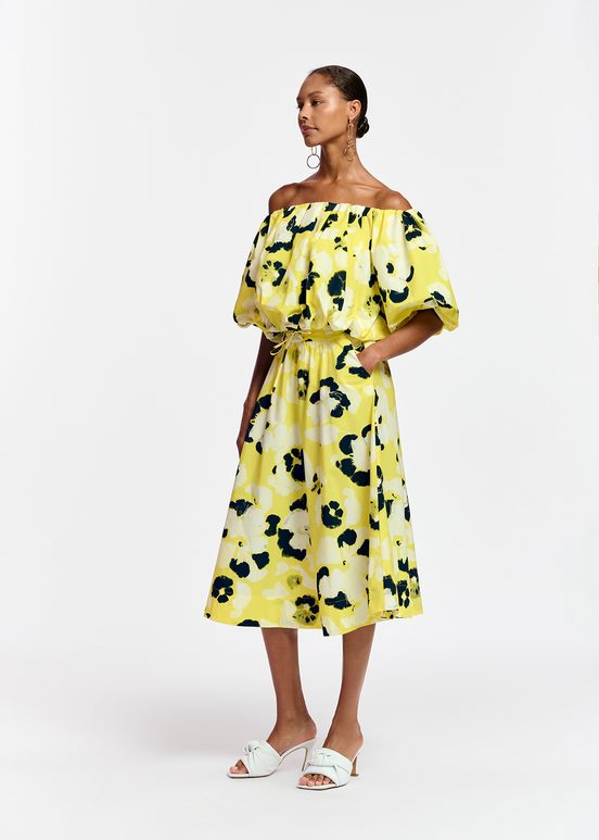 Yellow, white and navy blue midi-length A-line skirt