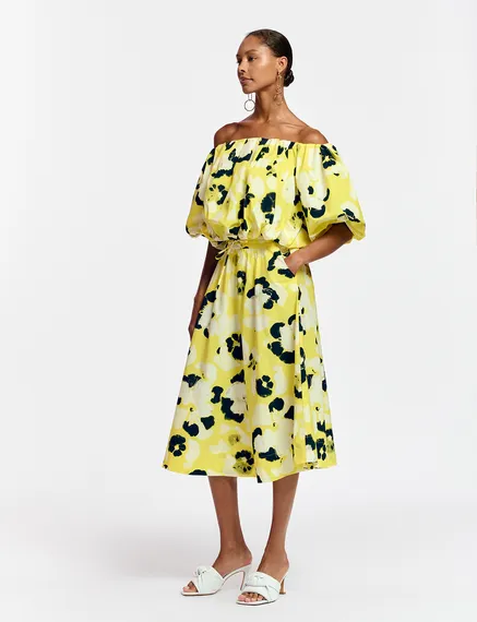 Yellow, white and navy blue midi-length A-line skirt