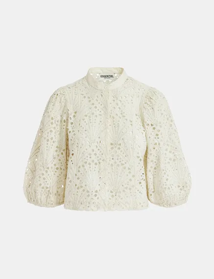 Chemise blanc cassé en broderie anglaise à manches bouffantes