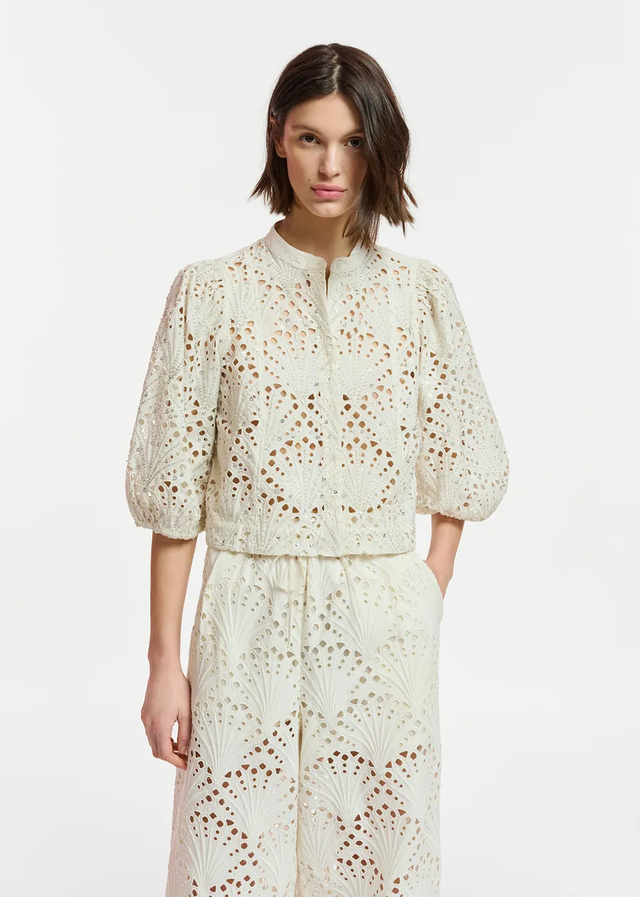 Off-white broderie anglaise cotton shirt with puffed sleeves