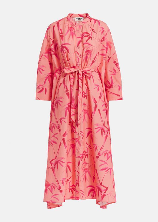 Peach and pink maxi-length dress with palm leaf print