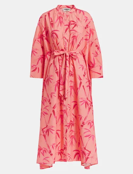 Peach and pink maxi-length dress with palm leaf print