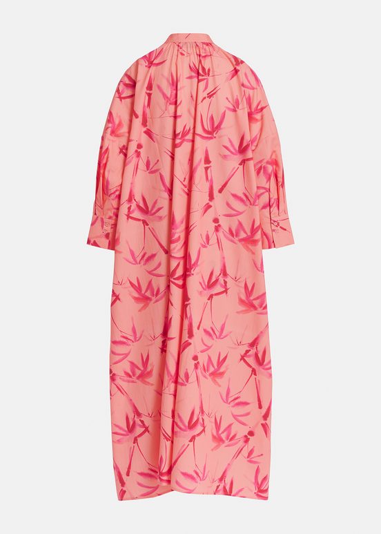 Peach and pink maxi-length dress with palm leaf print