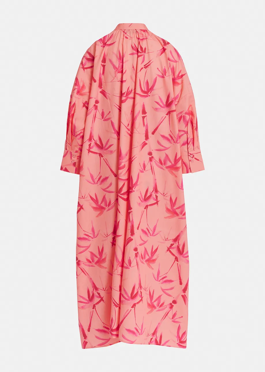 Peach and pink maxi-length dress with palm leaf print