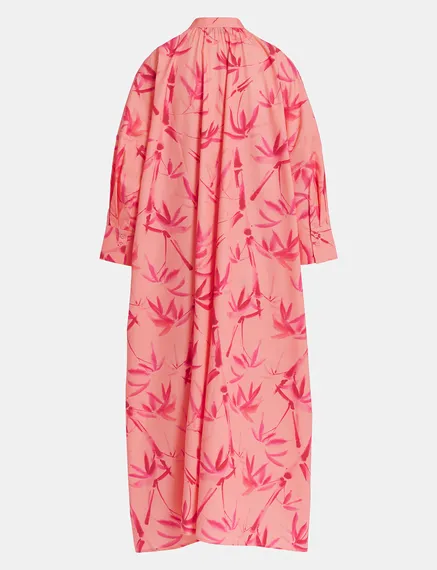 Peach and pink maxi-length dress with palm leaf print