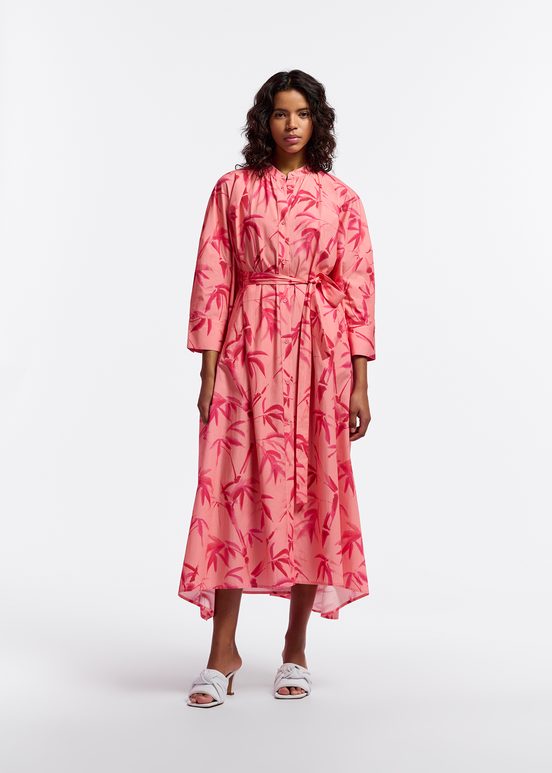 Peach and pink maxi-length dress with palm leaf print