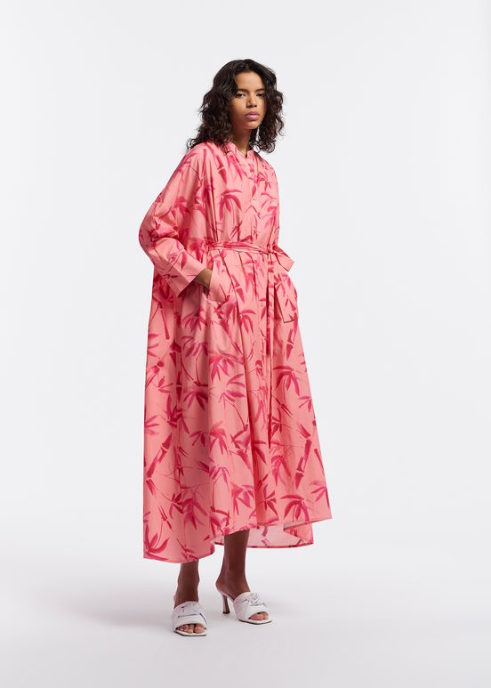 Peach and pink maxi-length dress with palm leaf print