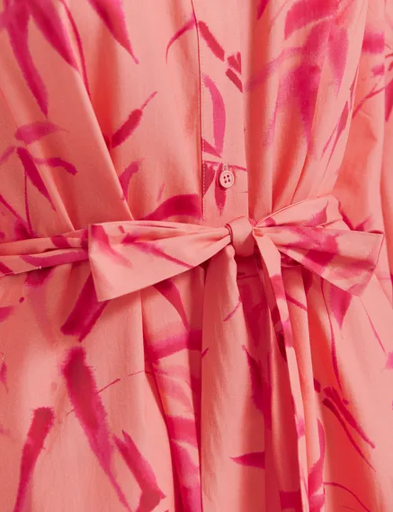 Perzikkleurige en roze maxi-jurk met palmbladerenprint