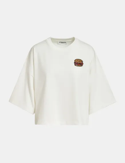 Off-white organic cotton T-shirt with hamburger embroidery