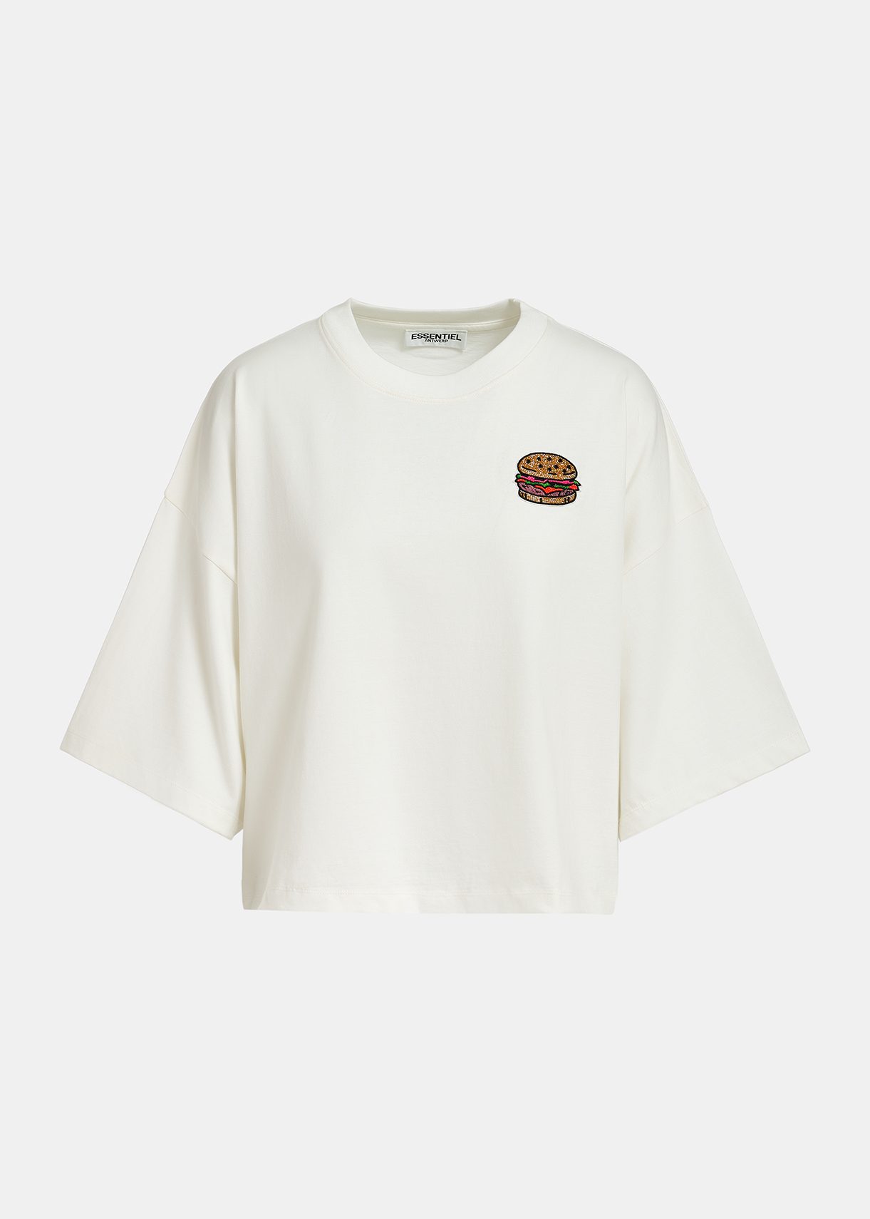 Off-white organic cotton T-shirt with hamburger embroidery