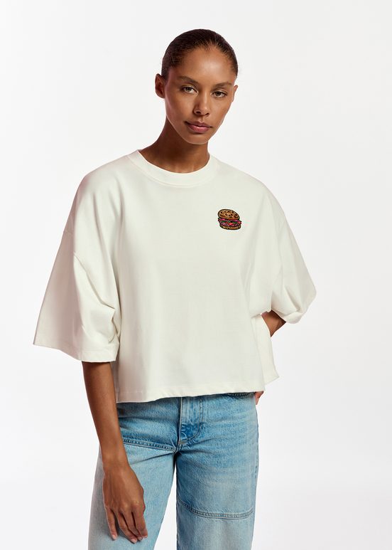 Off-white organic cotton T-shirt with hamburger embroidery