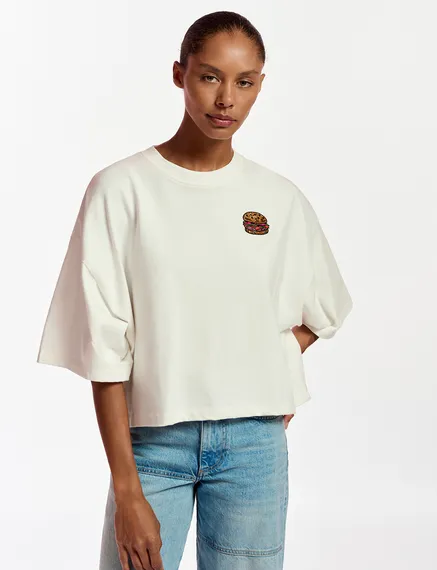 Off-white organic cotton T-shirt with hamburger embroidery