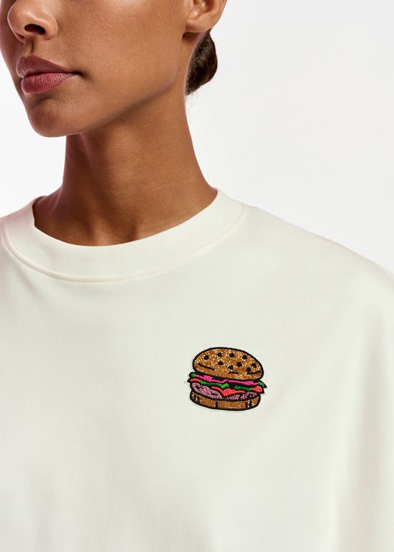 Off-white organic cotton T-shirt with hamburger embroidery