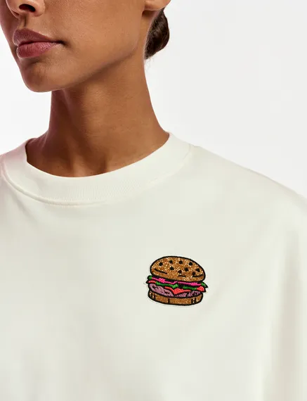 Off-white organic cotton T-shirt with hamburger embroidery