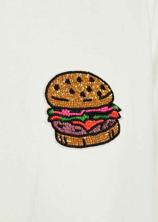 Off-white organic cotton T-shirt with hamburger embroidery