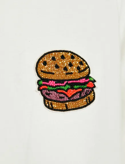 Off-white organic cotton T-shirt with hamburger embroidery