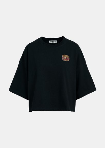 Black organic cotton T-shirt with hamburger embroidery