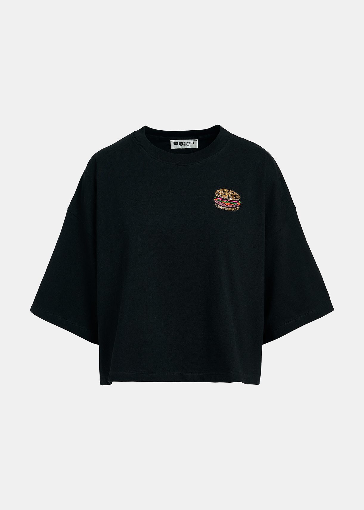 Black organic cotton T-shirt with hamburger embroidery