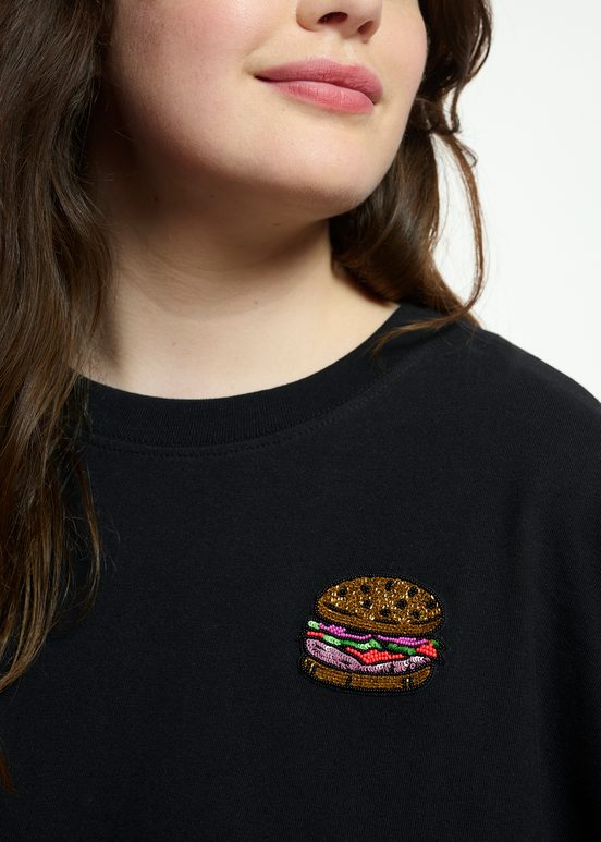 Zwart biokatoenen T-shirt met hamburger