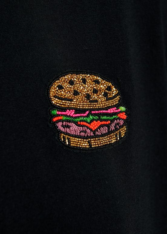 Black organic cotton T-shirt with hamburger embroidery