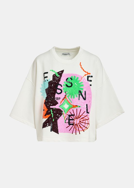 Off-white short-sleeved sweatshirt with sequin embroideries