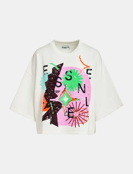 Off-white short-sleeved sweatshirt with sequin embroideries