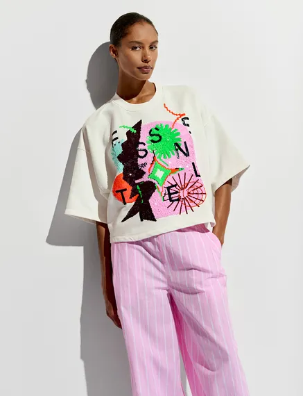 Off-white short-sleeved sweatshirt with sequin embroideries