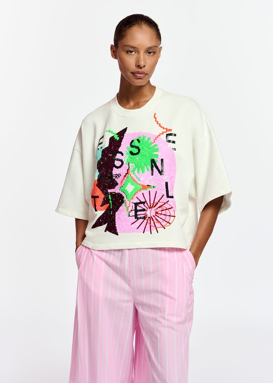 Off-white short-sleeved sweatshirt with sequin embroideries